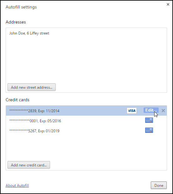 Google Chrome - Autofill settings - Cards