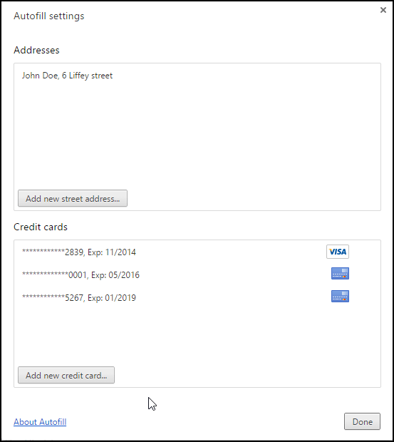 Google Chrome - Autofill settings