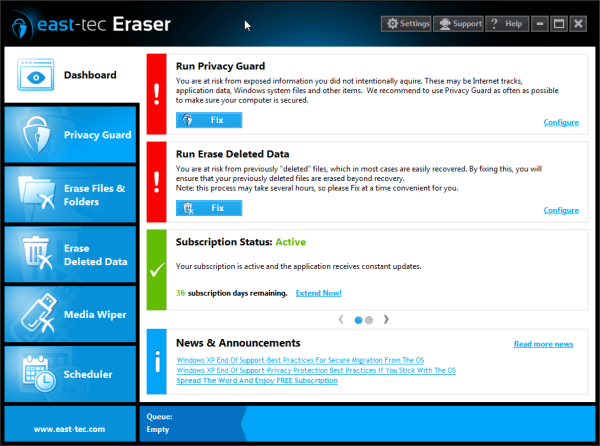 The east-tec Eraser Dashboard