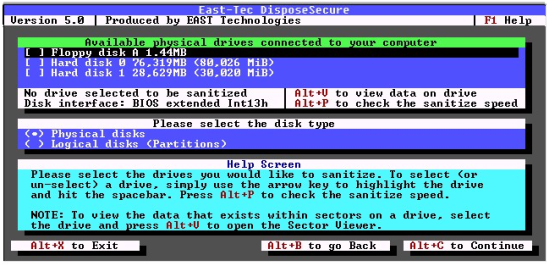 Selecting the drives you want to sanitize in DOS