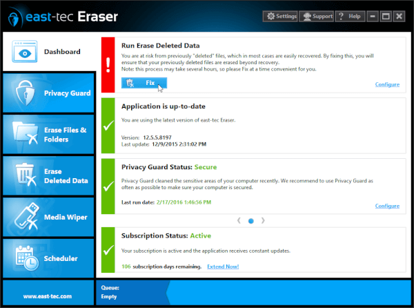 east-tec Eraser Dashboard Screenshot