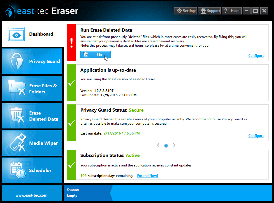 east-tec Eraser Dashboard Screenshot